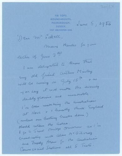 Arthur E.R. Gilligan. Surrey, Sussex & England 1920-1932. Two page handwritten letter in ink from Gilligan to Jack Sokell with excellent cricket content. He talks of meeting up with Arthur Mailey ‘it will make the evening doubly glorious and memorable’. A