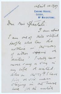 Pelham Francis Warner. Middlesex, Oxford University & England 1894-1920. Two page handwritten letter from Warner, dated 10th April 1907, regarding his ability to sing or recite. ‘I have never sung a song in my life or recite, also I have five or six men s