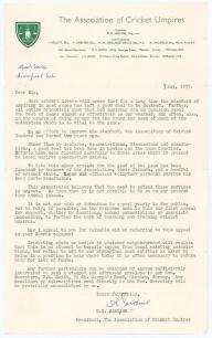 Douglas Robert Jardine. Surrey & England 1921-1933. Typed circular letter on ‘The Association of Cricket Umpires’ headed paper appealing to local newspapers to publicise the Association’s aim to improve the standard of umpiring and raise funds to do so. T