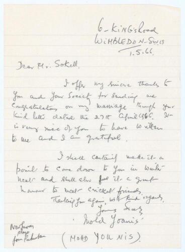 Younis Ahmed Mohammad, Surrey, Worcestershire & Pakistan, 1961-1987. Single page handwritten letter to Jack Sokell, replying to messages of congratulations on his recent marriage. Signed in a rare earlier name ‘Mohd Younis’ and dated 1st May 1966. G/VG. U