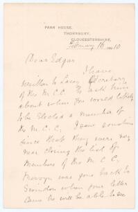 Edward Mills Grace. Gloucestershire & England 1870-1896. Handwritten two page letter on Park House, Thornbury letterhead from Grace to his son Edgar Mervyn, dated 16th February 1910. Grace is informing Edward that he has contacted M.C.C. with regards to E