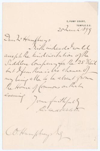 Richard Webster, 1st Viscount Alverstone. President of Surrey C.C.C. One page handwritten letter to ‘Mr Humphreys’, dated 25th March 1899. Alverstone is replying to an invitation from the Saddlers’ Company, which he has to decline due to his commitments a