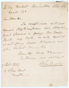 John Bayley. Hampshire, Middlesex, Surrey, M.C.C. and England. One page handwritten letter from Bayley turning down a request for him to stand as a member of the District Committee of George Lyall Esq. Nicely signed by Bayley and dated 9th February 1833. 