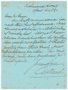 Charles William Alcock, Secretary Surrey C.C.C. 1872-1907. Nice single page lettercard handwritten in ink and addressed to Mr. C.P. (Charles Pratt) Green, Beresford House, Great Malvern, dated 16th April 1892. Writing from Richmond in Surrey, Alcock comme