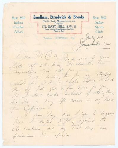 Andrew Sandham, Surrey & England 1911-1937. Two page letter handwritten in ink from Sandham. Written on ‘Sandham, Strudwick & Brooke’ official letterhead, dated 3rd July 1934, Sandham is replying to a request for autographs, ‘I don’t make a habit of doing