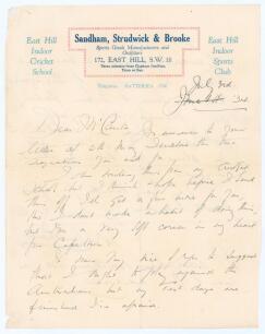 Andrew Sandham, Surrey & England 1911-1937. Two page letter handwritten in ink from Sandham. Written on ‘Sandham, Strudwick & Brooke’ official letterhead, dated 3rd July 1934, Sandham is replying to a request for autographs, ‘I don’t make a habit of doing