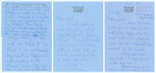 Brian Johnston. Broadcaster and cricket commentator. Three handwritten letters from Johnston in the early 1990s, two to Mick Pope, the other to Jack Sokell, both of the Wombwell Cricket Lovers’ Society. The letters relate to requests for tributes, one to 