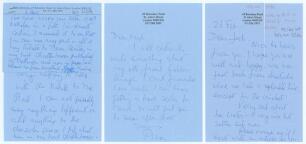 Brian Johnston. Broadcaster and cricket commentator. Three handwritten letters from Johnston in the early 1990s, two to Mick Pope, the other to Jack Sokell, both of the Wombwell Cricket Lovers’ Society. The letters relate to requests for tributes, one to 