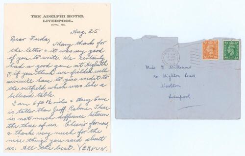 Verdun John Scott. Auckland & New Zealand 1937-1952. New Zealand tour to England 1949. Single page handwritten letter dated ‘Aug 25 [1949]’ with original envelope from Scott to a Miss Freda Williams in Liverpool. Writing on The Adelphi Hotel, Liverpool he