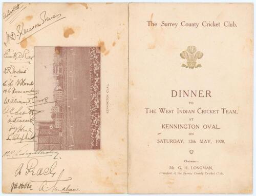 ‘The Surrey County Cricket Club. Dinner to the West Indian Cricket Team 1928’. Scarce official menu for the Dinner held at Kennington Oval on the 12th May 1928. The Chairman- G.H. Longman, President of the Surrey County Cricket Club. The menu with titles 