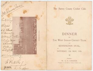 ‘The Surrey County Cricket Club. Dinner to the West Indian Cricket Team 1928’. Scarce official menu for the Dinner held at Kennington Oval on the 12th May 1928. The Chairman- G.H. Longman, President of the Surrey County Cricket Club. The menu with titles 