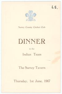 Surrey County Cricket Club. Dinner to the Indian Team 1967. Official menu for the Dinner held at The Surrey Tavern on the 1st June 1967. The menu with raised silver club emblem of the Prince of Wales feathers and titles to front cover, inside pages with T