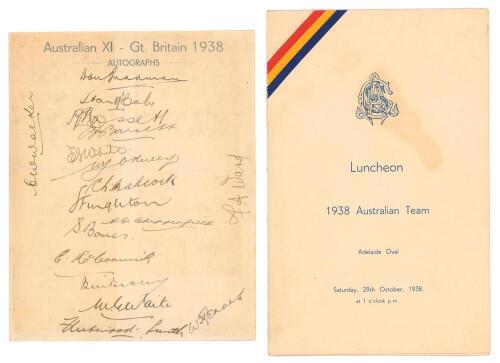 Australian tour of England 1938. Rare official menu for the Luncheon given to the Australian cricketers on arriving back home in Australia from England. The Luncheon held at the Adelaide Oval on the 29th October 1938. Attractive covers with touring party 