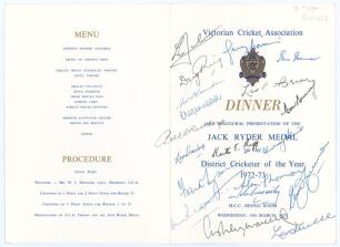 ‘Victorian Cricket Association Dinner and Inaugural Presentation of the Jack Ryder Medal’. Official menu for the Dinner held in the M.C.C. Dining Room, Melbourne, on the 14th March 1973. The menu signed to front cover by nineteen Test players including O’