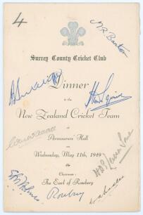 Surrey v New Zealand 1949. Official folding menu for the ‘Dinner to the New Zealand Cricket Team’ given by Surrey C.C.C. at Armourers’ Hall, 11th May 1949. The front cover with raised silver Surrey emblem and printed titles, menu and toast list to inside.