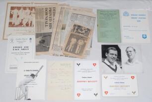 Yorkshire C.C.C. A selection of ephemera including a handwritten and signed letter from Len Hutton dated 1951, official menu and invitation card for the ‘Tribute Dinner to Geoffrey Boycott’, Leeds 23rd October 1977, on his reaching one hundred centuries, 