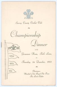 ‘Surrey County Cricket Club Championship Dinner’ 1955. Official menu for the Dinner held at The Grosvenor House, Park Lane on the 1st December 1955. The menu with raised silver Club emblem of the Prince of Wales feathers and titles to front cover, inside 