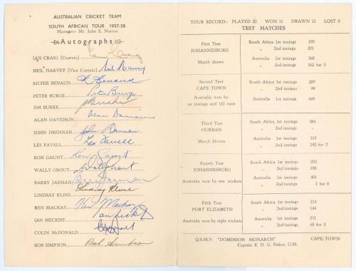 Australia tour to South Africa 1957/58. Official folding card issued on board the Shaw Savill Line Q.S.M.V. ‘Dominion Monarch’ at Cape Town. The front cover with colour illustration of a vase of flowers. The inside front cover with printed title, ‘Austral