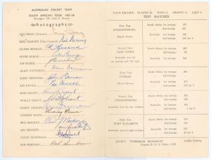 Australia tour to South Africa 1957/58. Official folding card issued on board the Shaw Savill Line Q.S.M.V. ‘Dominion Monarch’ at Cape Town. The front cover with colour illustration of a vase of flowers. The inside front cover with printed title, ‘Austral