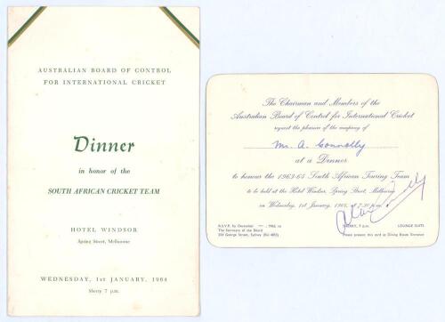 South African tour of Australia 1964. Official Australian Board of Control invitation and dinner menu in honour of the South African cricket team held on 1st January 1964 at The Hotel Windsor, Melbourne, during the second Test match. The menu signed to th