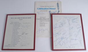 Autographed selection. Centenary Test 1977. Sheet of paper signed by over thirty England players including Compton, Larwood, Wardle, Paynter, Ikin, Parfitt, Watson, Barnett, Voce, Cowdrey, Loader, Hardstaff, Yardley, F.R. Brown, Insole, Tyson etc. Slight 