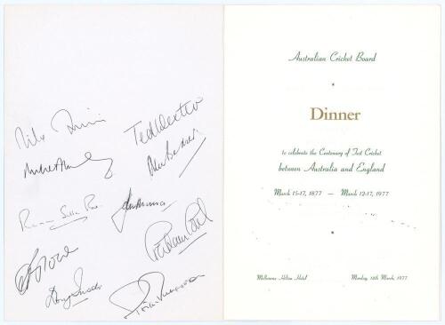 Australia v England ‘Centenary Test’ 1977. Official menu for the Dinner given by the Australian Cricket Board to celebrate the Centenary of Test Cricket between Australia and England. The Dinner was held at The Melbourne Hilton Hotel on 14th March 1977. S