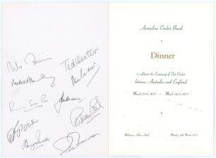 Australia v England ‘Centenary Test’ 1977. Official menu for the Dinner given by the Australian Cricket Board to celebrate the Centenary of Test Cricket between Australia and England. The Dinner was held at The Melbourne Hilton Hotel on 14th March 1977. S