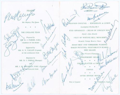 England tour of Australia 1978/79. Official menu for the Dinner in honour of the England touring team held on 25th January 1979 at the Kooyonga Golf Club, Lockleys, South Australia. Signed to inside pages by England and Australian test players plus guests