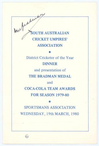 Don Bradman. South Australian Cricket Umpires’ Association. ‘District Cricketer of the Year Dinner and presentation of The Bradman Medal and Coca-Cola Team Awards for Season 1979-80’. Official folding programme/ menu for the Dinner held at The Sportsmans 