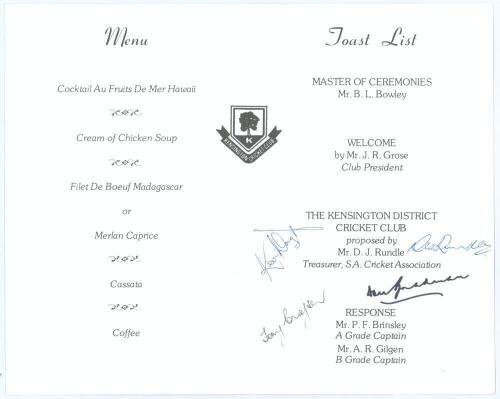 Don Bradman. ‘Kensington [Adelaide] Cricket Club Premiership Dinner’. Official folding menu for the dinner held 13th May 1983. Signed in ink to the centre Toast List page by Bradman and three other attendees. Very good condition.