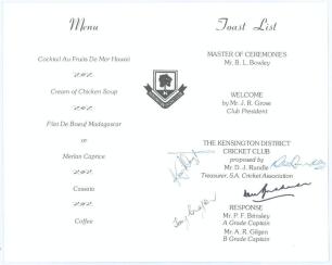 Don Bradman. ‘Kensington [Adelaide] Cricket Club Premiership Dinner’. Official folding menu for the dinner held 13th May 1983. Signed in ink to the centre Toast List page by Bradman and three other attendees. Very good condition.