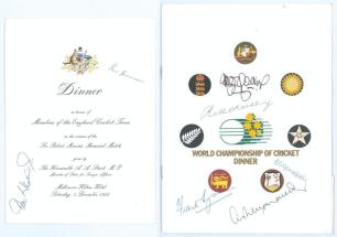 Australia. Signed menus 1982 and 1985. Official folding menu for the ‘Dinner in honour of Members of the England Cricket Team’ held at the Melbourne Hilton Hotel, 4th December 1982. Signed in ink to the front by Ian Johnson and Dav Whatmore, and to the in