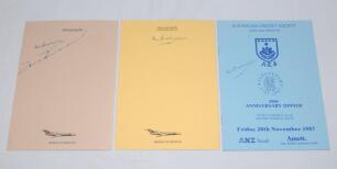 Don Bradman. Australian Cricket Society Adelaide Branch menus 1985-1987. Three official menus for annual dinners held on 11th October 1985 (8th Annual Dinner), 17th October 1986 (9th) and 20th November 1987 (10th). All three menus signed by Bradman, the 1