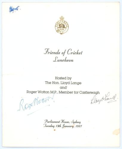 Australia. ‘Friends of Cricket Luncheon’. Official folding menu for the luncheon held at Parliament House, Sydney, 13th January 1987. The inside fully signed in ink by all twenty two listed Test cricketers and other celebrities in attendance. Cricketers’ 