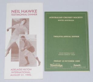 Neil Hawke, Australia. Official menu for the ‘Neil Hawke Testimonial Dinner’ held at the Adelaide Hilton, 31st August 1990, signed to the inside Menu page by fifteen Australian Test cricketers. Signatures are Hawke, Don Bradman, Bob Simpson, Graeme Wood, 