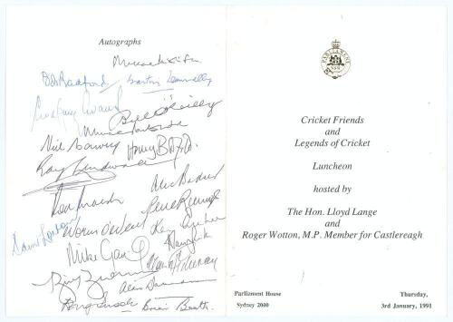 Australia. ‘Cricket Friends and Legends of Cricket’. Official menu for the Luncheon held at Parliament House, Sydney on the 3rd January 1991. Signed to the rear ‘Autographs’ page by twenty three guests and Test players. Signatures include Martin Donnelly,