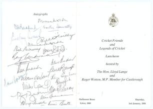 Australia. ‘Cricket Friends and Legends of Cricket’. Official menu for the Luncheon held at Parliament House, Sydney on the 3rd January 1991. Signed to the rear ‘Autographs’ page by twenty three guests and Test players. Signatures include Martin Donnelly,