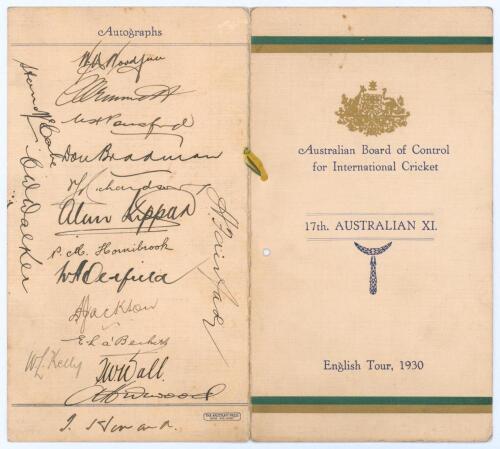 Australian tour of England 1930. Rare official folding tour itinerary for the Australian tour of England 1930. The front cover with decoration in gold and green with Australian emblem and partial ribbon tie. ‘Australian Board of Control for International 