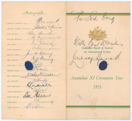 Australian tour to England 1953. Official Australian Board of Control programme and itinerary for the tour to England. Decorative cover with green and gold colours and Australian emblem in gold. To inside pages are the programme of matches to be played on