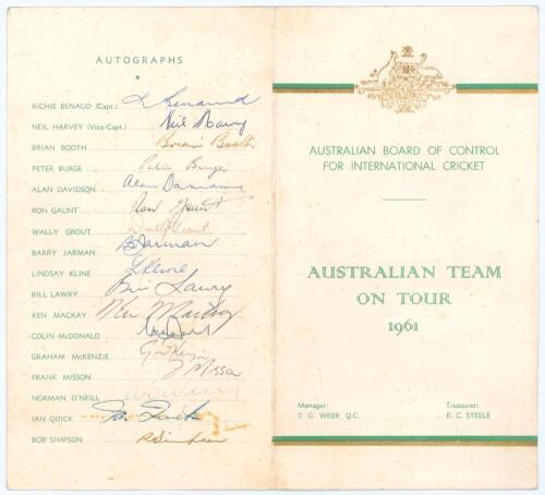 Australia tour to England 1961. Official Australian Board of Control folding programme and itinerary for the tour to England. Decorative cover in green and gold with Australian emblem. To inside pages is the programme of matches to be played on the tour a