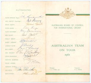 Australia tour to England 1961. Official Australian Board of Control folding programme and itinerary for the tour to England. Decorative cover in green and gold with Australian emblem. To inside pages is the programme of matches to be played on the tour a