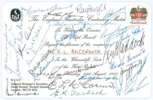 Centenary Test. England v Australia 1980. Official invitation card to ‘The England- Australia Centenary Match [dinner] to Honour the Occasion’ held at the Hotel Russell, London, 21st August 1980, this being E.L. McCormick’s invitation. Signed to the front