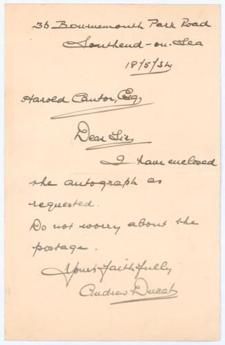 Andrew Ducat. Surrey & England 1906-1931. Short single page note handwritten in ink from Ducat, dated 18th May 1934, replying to a request for a signature. Very nicely signed by Ducat. Very good condition.