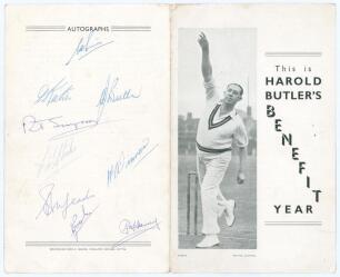 Harold James Butler. Nottinghamshire & England 1933-1954. Butler’s Benefit 1950. Official folding card titled to front ‘This is Harold Butler’s Benefit Year’, with tribute by Denis Compton and Butler’s Record in Championship matches to centre. The rear ‘A