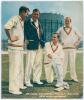 Surrey C.C.C. 1950s. Colour printed photocard depicting Jim Laker, Alec Bedser, Peter May and Tony Lock in cricket attire on the pitch at The Oval. Signed in ink to the image by all four players. 8”x9.25”. Some wear to edges, otherwise in good condition.