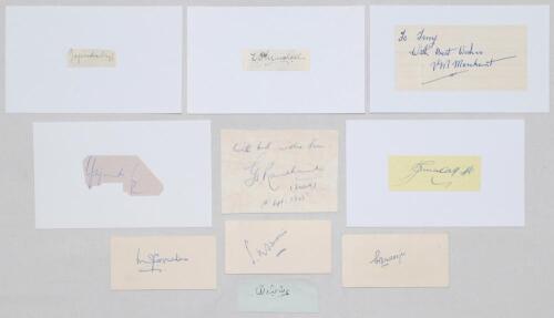 India 1930s-1960s. Ten early signatures of Indian Test and first-class cricketers signed to small cards or to piece, some laid down to white card. Signatures include Mushtaq Ali, M.J. Gopalan, Vijay Merchant, Shute Banerjee, Gulabrai Ramchand, Syed Mohamm