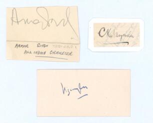 India. Three early signatures of Indian Test cricketers. Ladhabhai Nakum Amar Singh (7 Tests 1932-1936), holder of India Test cap no. 1, signature in pencil on piece. C.K. Nayudu (7 Tests 1932-1936), India’s first Test captain, signature in ink on piece l