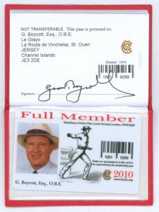 Geoff Boycott. Official M.C.C. ‘Honorary Life Member’ card/ booklet for 2006 issued to Boycott. The small booklet in red leather with gilt titles to front. Signed in black ink to the membership label to inside rear cover, opposite the official photocard. 