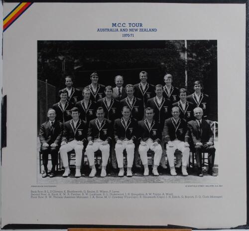 Geoff Boycott. England & Yorkshire. Official mono photograph of the M.C.C. tour of Australia & New Zealand 1970/71. The photograph by, Frank Boase of Malvern, S.A., is laid down to the photographers mount with title and players names to upper and lower bo