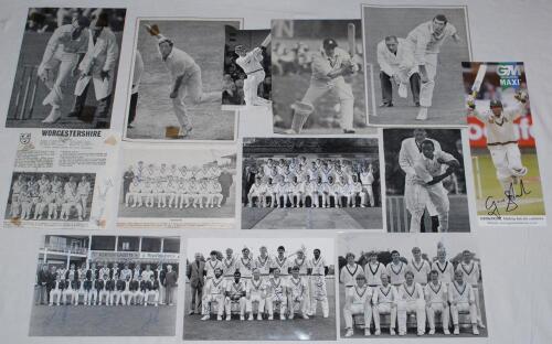 Cricket autographs 1950s-2000s. A good selection of signed magazine page extracts and cuttings comprising over eighty signatures in total. Original team press photographs include Kent 1981 (10 signatures), Middlesex c.1985 (13), Warwickshire 1985 (11), an